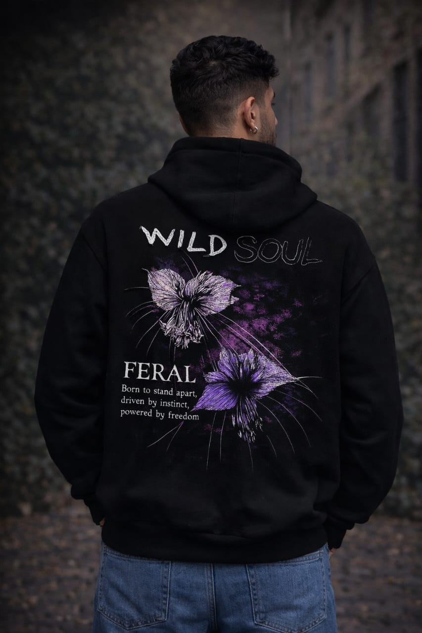 WILD SOUL BLACK HOODIE FLEECED COTTON 100%