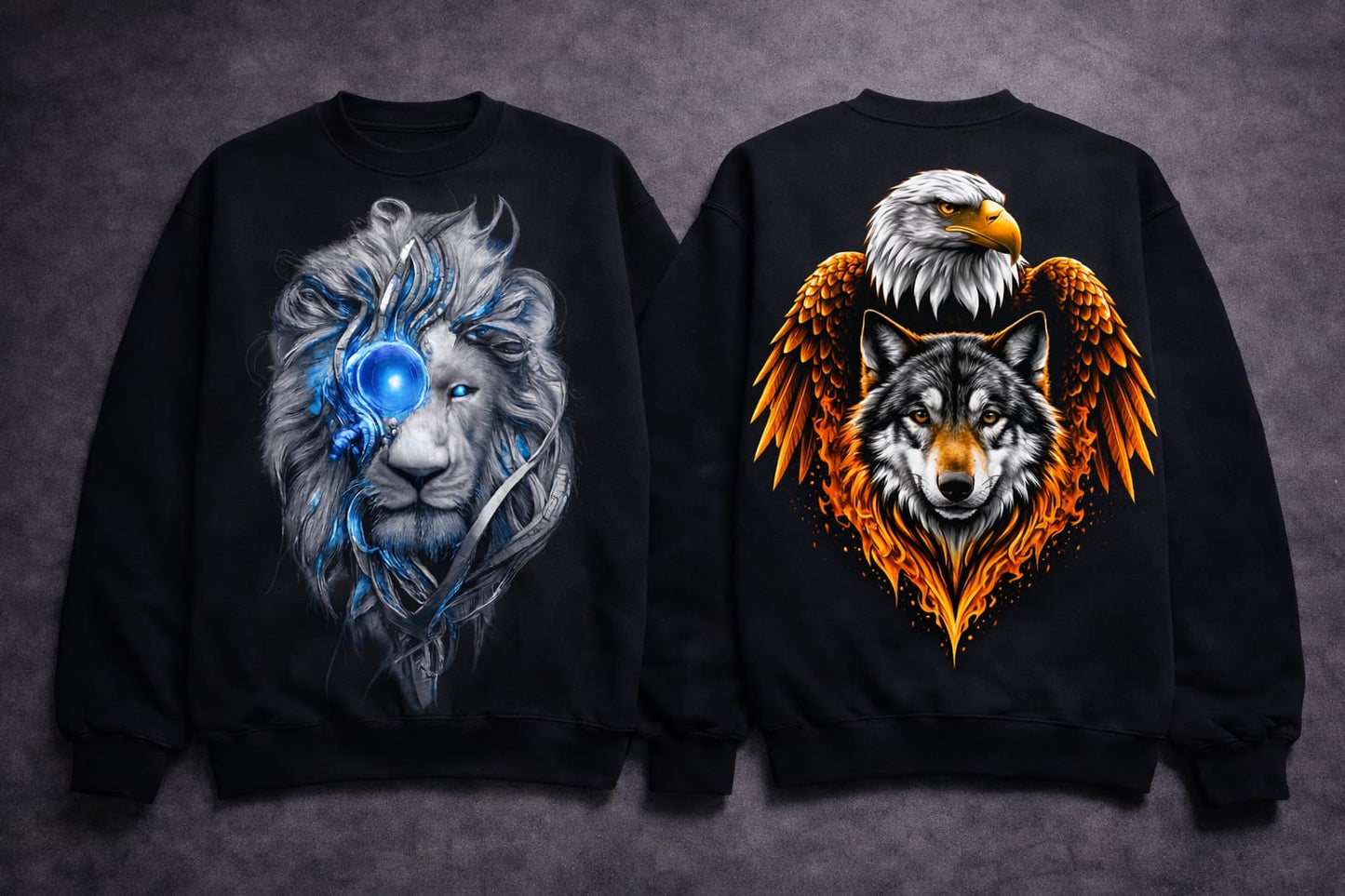 Eagle wolf sweatshirt 100% cotton fleece (black)
