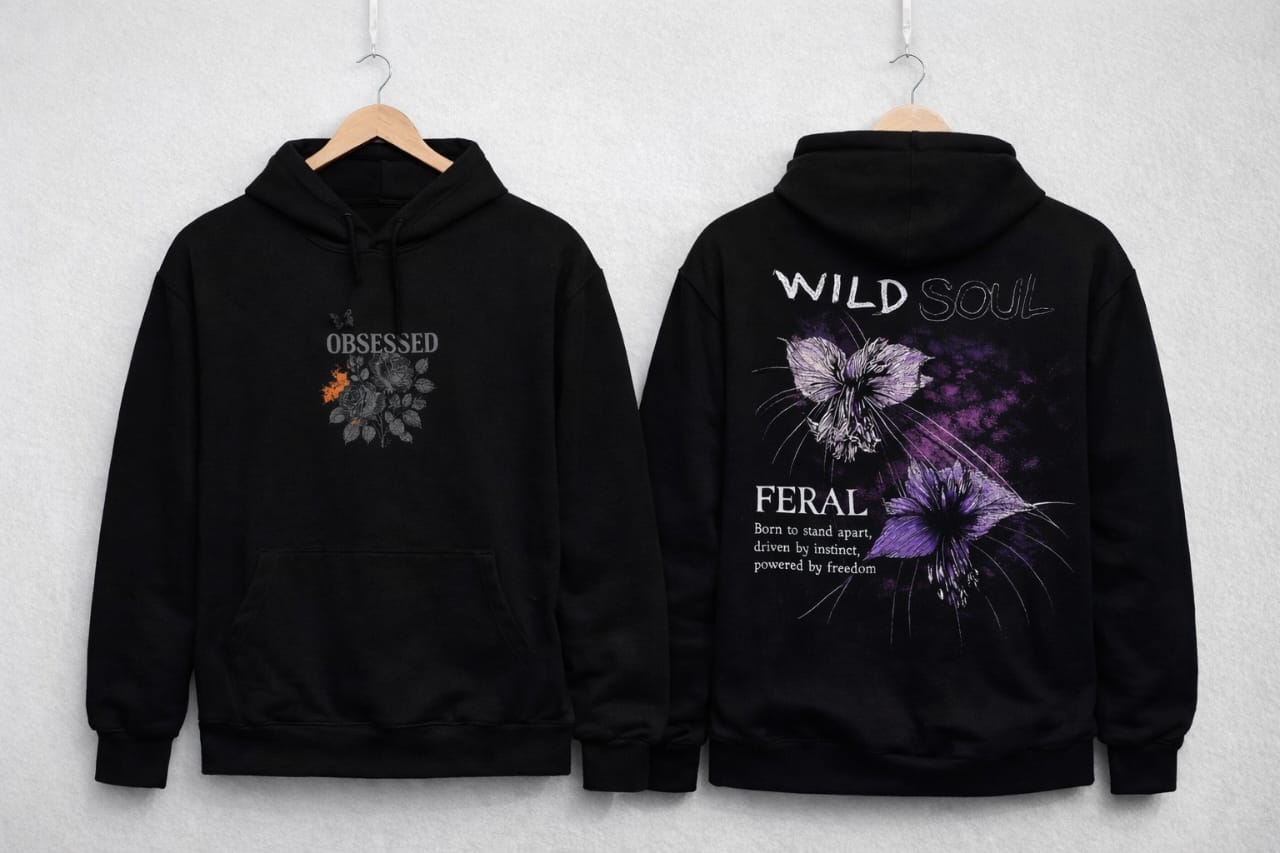 WILD SOUL BLACK HOODIE FLEECED COTTON 100%