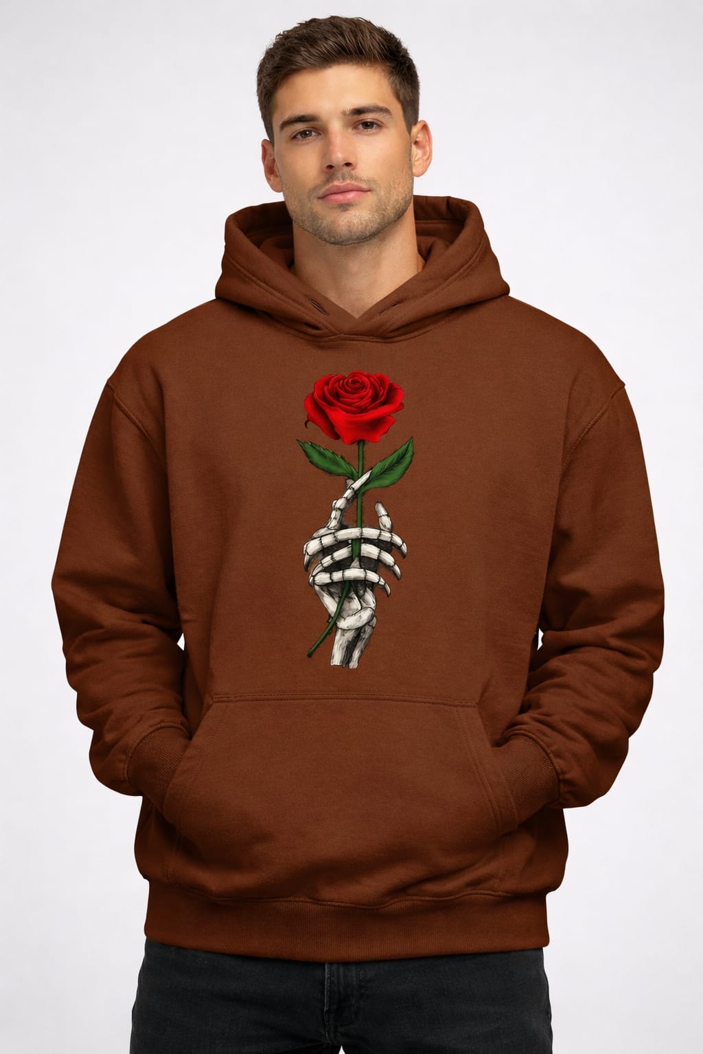 WOLF ROSE COFFEE BROWN HOODIE FLEECED COTTON 100%