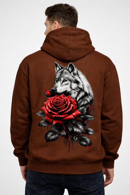 WOLF ROSE COFFEE BROWN HOODIE FLEECED COTTON 100%
