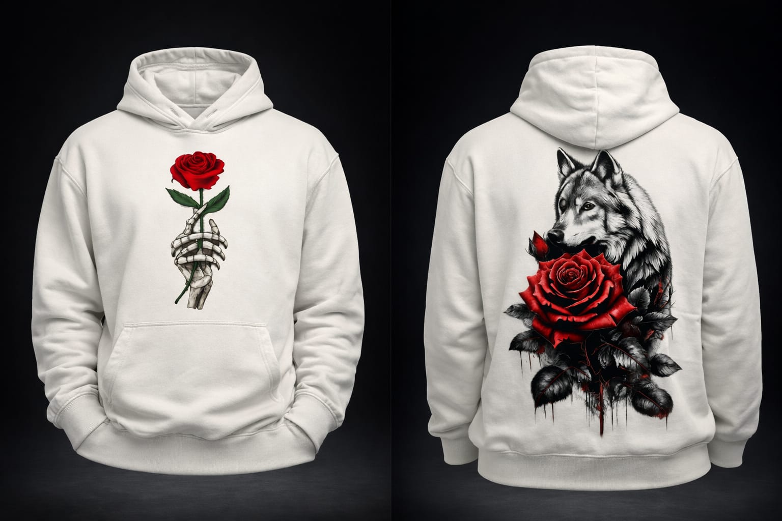 Wolf rose off white hoodie fleeced cotton 100%