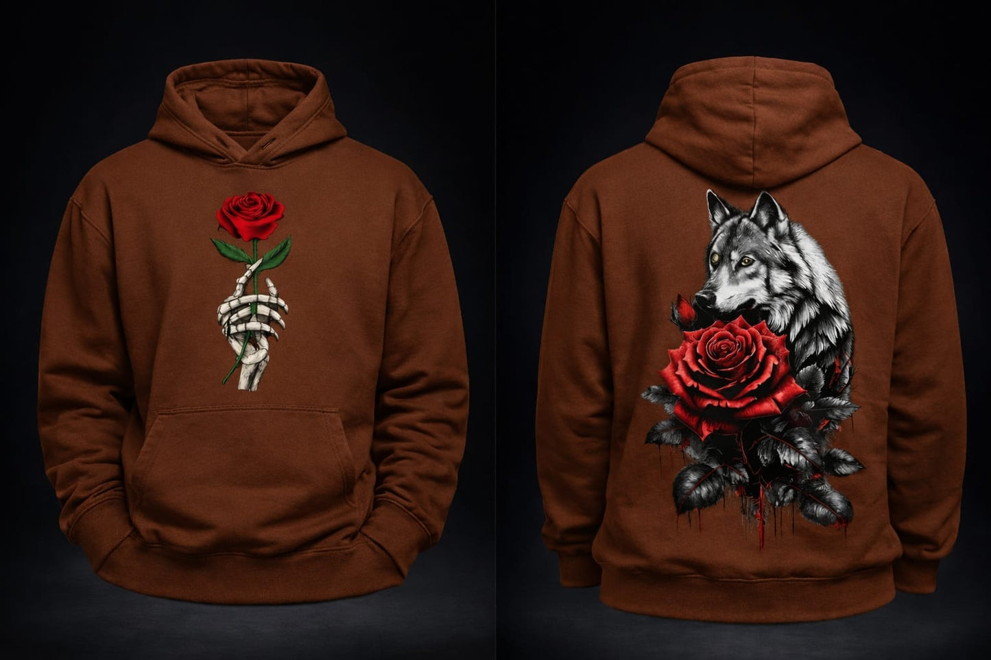 WOLF ROSE COFFEE BROWN HOODIE FLEECED COTTON 100%