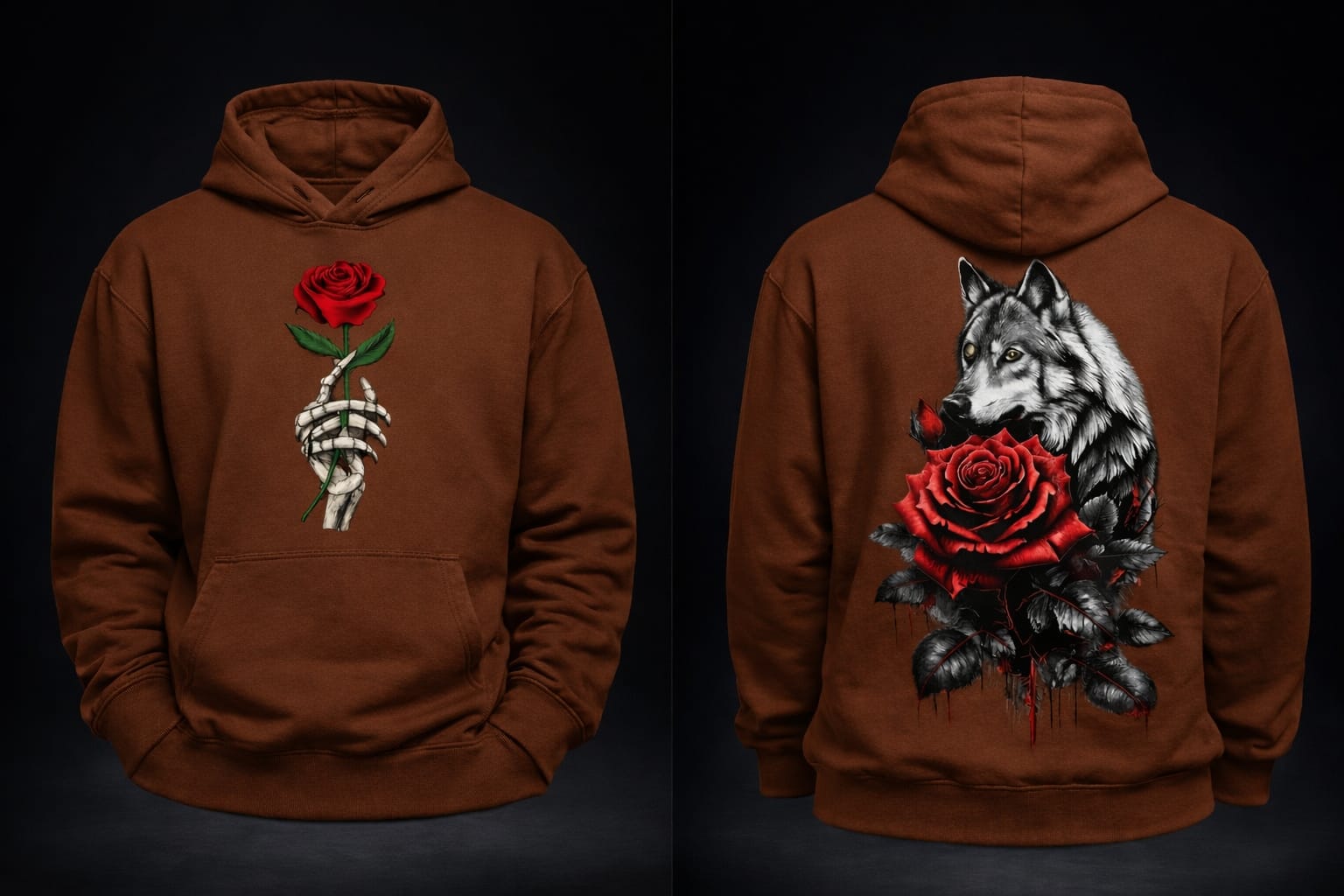 WOLF ROSE COFFEE BROWN HOODIE FLEECED COTTON 100%