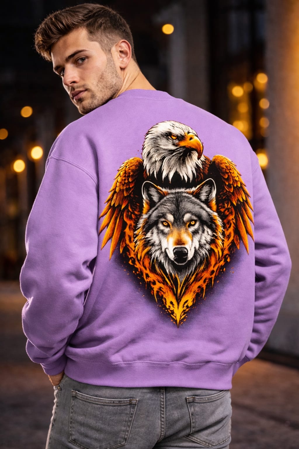 Eagle wolf sweatshirt 100% cotton fleece (lavender)