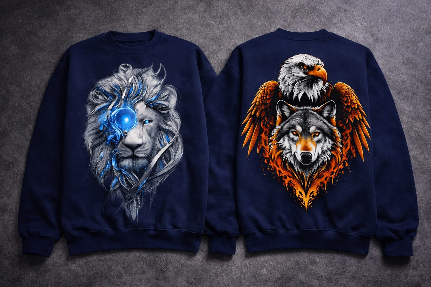 Eagle wolf sweatshirt 100% cotton fleece (navy blue)